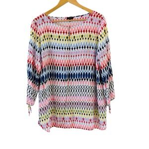 Talbots Womens Artsy Geometric Boho Tunic‎ Top Size 2X Pastel Tie Sleeve Modest
